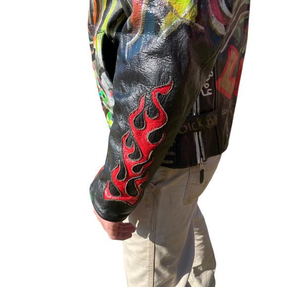 Vintage Biker Jacket, One-of-a-kind Custom Painted Leather, "Get Lucky" Large - Picture 4 of 12